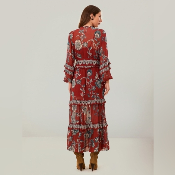 FARM Rio Tropical Landing Red Longsleeve Maxi Dress Medium Bohemian Resortwear - Picture 2 of 16